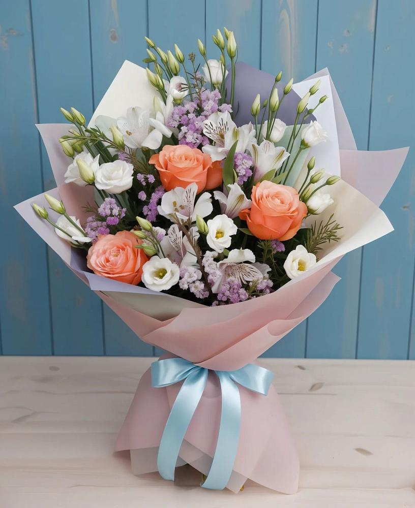 Букет цветов из: Лизиантусы, Розы, Альстромерии и Гипсофила в Заворонежском