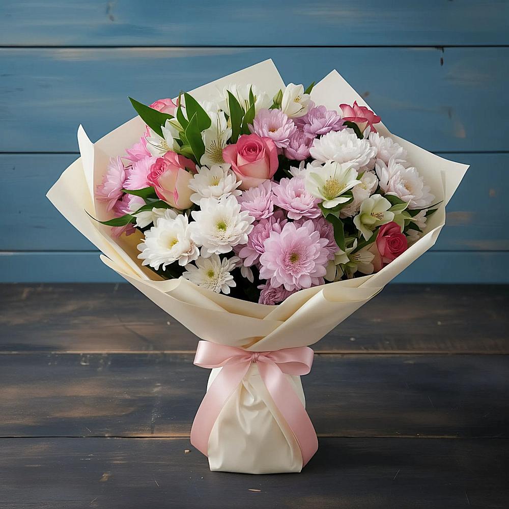 Букет цветов из: Хризантемы, Альстромерии и Розы в Заворонежском